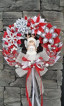 Dekorácie - Vianočný veniec na dvere červeno bielo strieborný  (Anjelik) - 14070682_