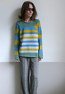 Svetre a kardigány - zeleno-žlto-modrý pásikový pulover - 14069699_