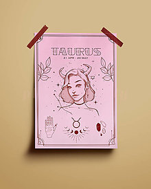 Grafika - Býk/Taurus print - znamenia zverokruhu (Taurus - ružová + červená A4) - 14073767_