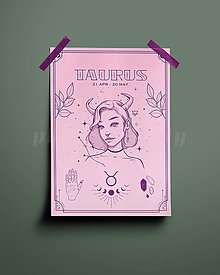 Grafika - Býk/Taurus print - znamenia zverokruhu (Taurus - ružová + fialová A3) - 14073799_