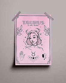 Grafika - Býk/Taurus print - znamenia zverokruhu (Taurus - ružová + čierna A4) - 14073834_