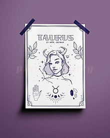 Grafika - Býk/Taurus print - znamenia zverokruhu (Taurus - biela + modrá A3) - 14073887_