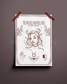 Grafika - Býk/Taurus print - znamenia zverokruhu (Taurus - biela + červená A3) - 14073964_