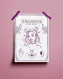 Grafika - Býk/Taurus print - znamenia zverokruhu (Taurus - biela + fialová A3) - 14073975_