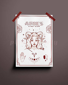 Grafika - Baran/Aries print - znamenia zverokruhu (Aries - biela+červená A4) - 14074863_