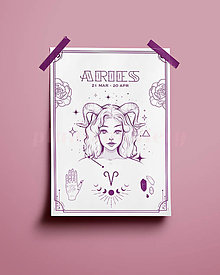 Grafika - Baran/Aries print - znamenia zverokruhu (Aries - biela+fialová A3) - 14074864_