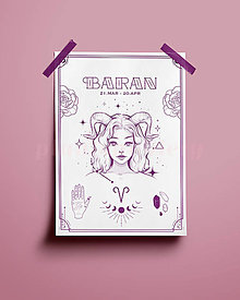 Grafika - Baran/Aries print - znamenia zverokruhu (Baran - biela+fialová A3) - 14074872_