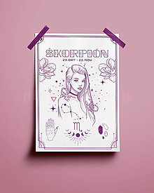 Grafika - Škorpión/Scorpio print - znamenia zverokruhu (Škorpión - biela+fialová A3) - 14075074_