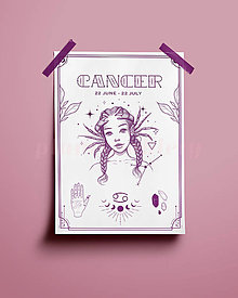 Grafika - Rak/Cancer print - znamenia zverokruhu (Cancer - biela+fialová A3) - 14075166_