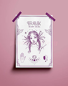 Grafika - Rak/Cancer print - znamenia zverokruhu (Rak - biela+fialová A4) - 14075169_