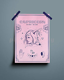 Grafika - Kozorožec/Capricorn print - znamenia zverokruhu (Capricorn - ružová+modrá A4) - 14075483_