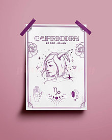 Grafika - Kozorožec/Capricorn print - znamenia zverokruhu (Capricorn - biela+fialová A3) - 14075495_