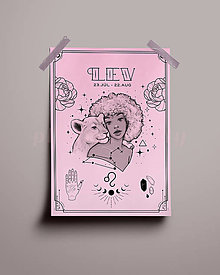 Grafika - Lev/Leo print - znamenia zverokruhu (Lev - ružová+čierna A3) - 14075588_