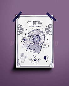 Grafika - Lev/Leo print - znamenia zverokruhu (Lev - biela+modrá A4) - 14075602_