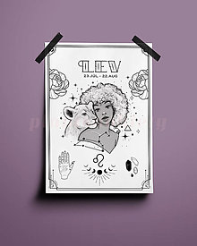 Grafika - Lev/Leo print - znamenia zverokruhu (Lev - biela+čierna A3) - 14075603_