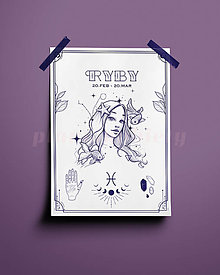 Grafika - Ryby/Pisces print - znamenia zverokruhu (Ryby - biela+modrá A4) - 14075776_