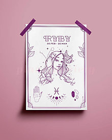 Grafika - Ryby/Pisces print - znamenia zverokruhu (Ryby - biela+fialová A3) - 14075779_