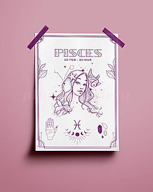 Grafika - Ryby/Pisces print - znamenia zverokruhu (Pisces - biela+fialová A3) - 14075782_