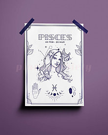 Grafika - Ryby/Pisces print - znamenia zverokruhu (Pisces - biela+modrá A4) - 14075786_