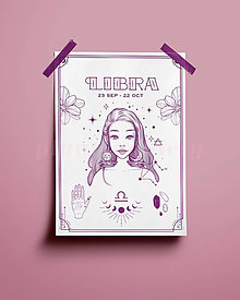 Grafika - Váhy/Libra print - znamenia zverokruhu (Libra - biela+fialová) - 14075926_