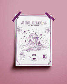 Grafika - Vodnár/Aquarius print - znamenia zverokruhu (Aquarius - biela+fialová A4) - 14076040_