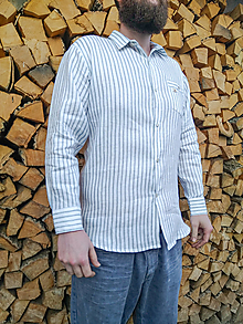Pánske oblečenie - Ľanová pánska prúžkovaná košeľa (Bielo-šedá dlhý rukáv) - 14075703_
