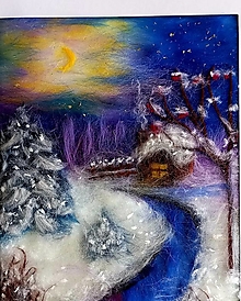 Obrazy - Maľba z vlny "Zima v lese" - 14076647_