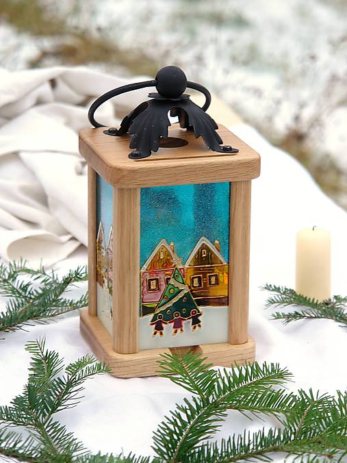Svietidlá - Drevený lampášik •Zimný čas na dedine• malý, dub - 14073764_