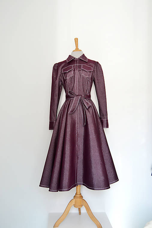 Štepované denimové šaty/kabátik s golierom a kruhovou sukňou 