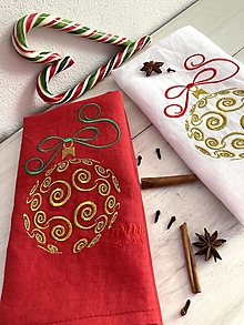 Úžitkový textil - Ľanové utierky Červená & Biela s výšivkou  (SET  / 1 x biela a 1 x červená  + výšivka Vianočna) - 14081371_