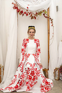 Šaty - Spoločenské šaty Floral Folk - " White & red " (Floral Folk Ombré red II.) - 14087033_