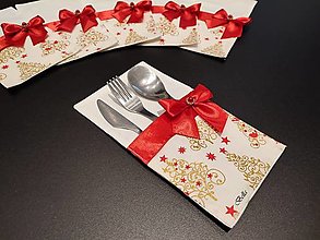Úžitkový textil - Červeno zlaté trblietavé príborníky na Vianoce - 14088701_