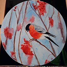Obrazy - Akvarelový obraz na platne Vtáčik Hýľ v zimnom lese - 14104228_