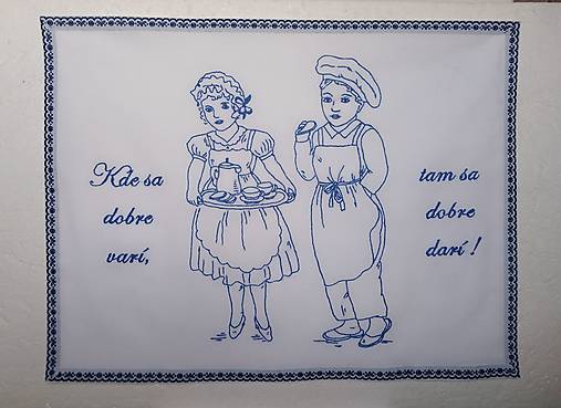 Úžitkový textil - Kuchynská plátená nástenka ručne vyšívaná "Kde sa dobre varí, tam sa dobre darí !" (modrá) - 14114360_