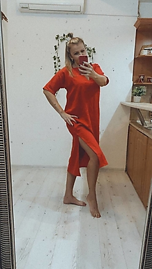 Šaty - Červené Ľanové Šaty s Vreckami ,,minimalist look" - 14114439_
