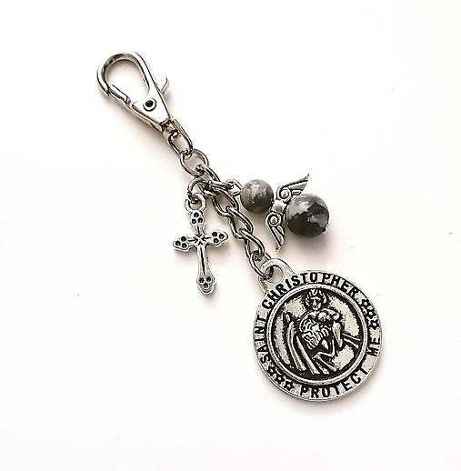  - Kľúčenka "sv. Krištof" s minerálovým anjelikom (Jaspis šedý) - 14117535_