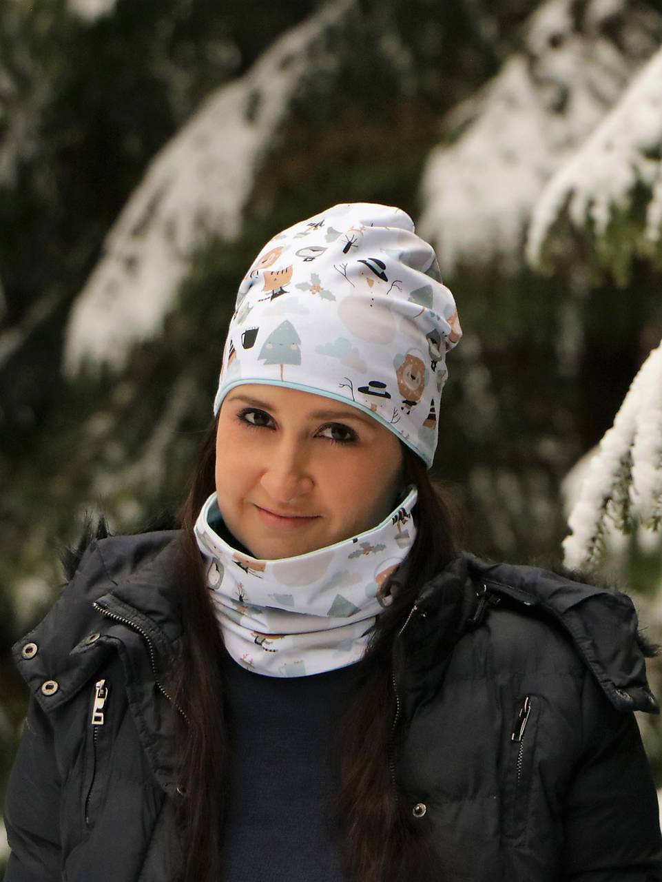 Snehuliak so zvieratkami čiapka, nákrčník alebo set