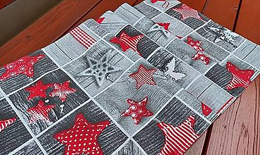 Úžitkový textil - Vianočný obrus červené hviezdy na sivej - 14132484_