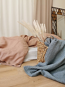 Úžitkový textil - Ľanový waflový prehoz na posteľ (200x220 - prašná modrá) - 14130990_