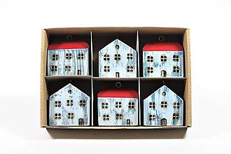 Dekorácie - Dárková sada modrobielych drevených domčekov na zavesenie - 6 ks - 14134710_