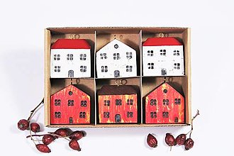 Dekorácie - Červené a biele drevené domčeky - 6 ks - 14134721_