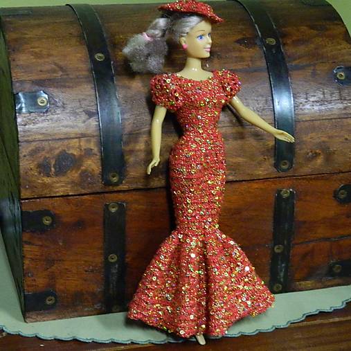 - Háčkované šatičky pre Barbie (Trblietavé červenozlaté šaty) - 14136586_