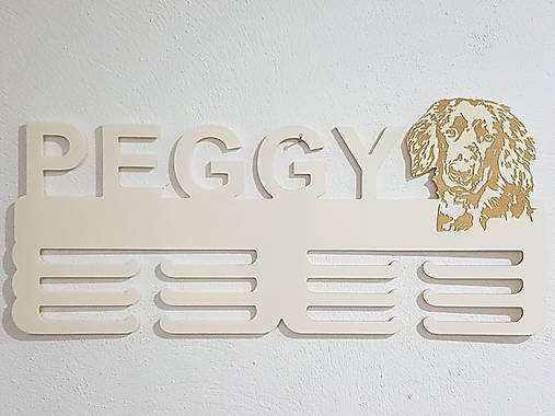 Drevený držiak na medaily s laserovaním 45cm psík Hovawart