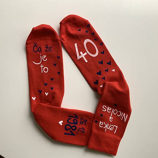 Maľované ponožky s nápisom: "Všetko najlepšie ("Čože je to 40tka”)