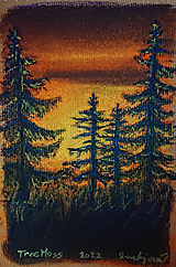 "Západ slnka v horách" kresba, suchý pastel