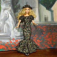Hračky - Háčkované šatičky pre Barbie (Trblietavé čiernozlaté šaty) - 14149460_