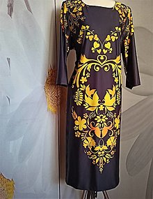 Šaty - FLORAL FOLK " Slovenská ornamentika ", šaty na mieru a v strihu na želanie (čierny podklad - žltý vzor) - 14164304_