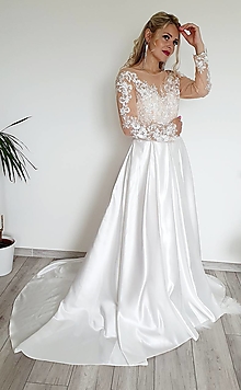 Šaty - Zľava - Saténové svadobné šaty s krajkou - 14168748_
