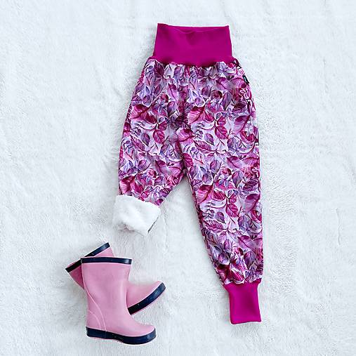 Zimné softshellové nohavice ružové listy zateplené s barančekom