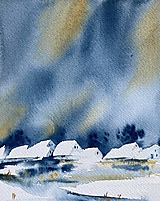 Originál akvarel Dedina pod snehom